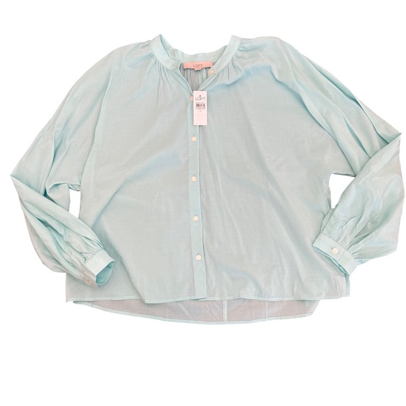 LOFT Womens Long Sleeve Shirred Blouse Light Aqua Blue Size M Coastal NWT - Picture 3 of 14